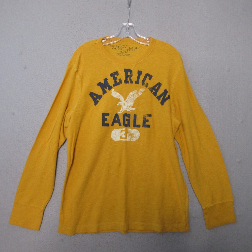 American Eagle Thermal Men Vintage Fit Yellow Waffle Knit Eagle Logo Y2K Casual